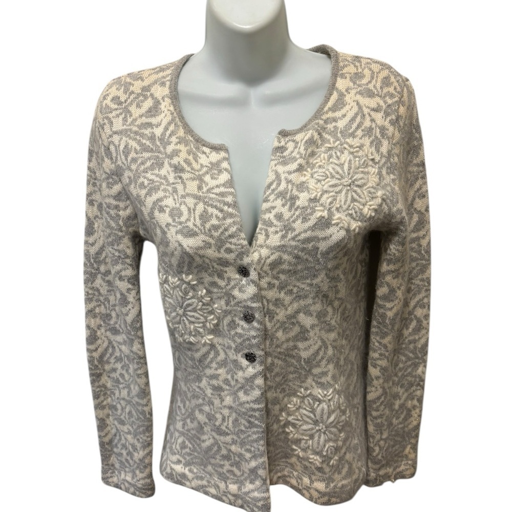 Coldwater Creek Wool Angora Tailored Cardigan Sweater Sz XS Gray Cream Snowflake